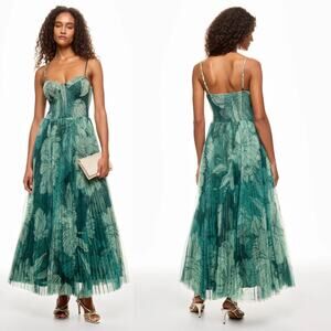 Hutch Brianna Cocktail Dress Floral Sleeveless Smocked Pleated Maxi Green Small